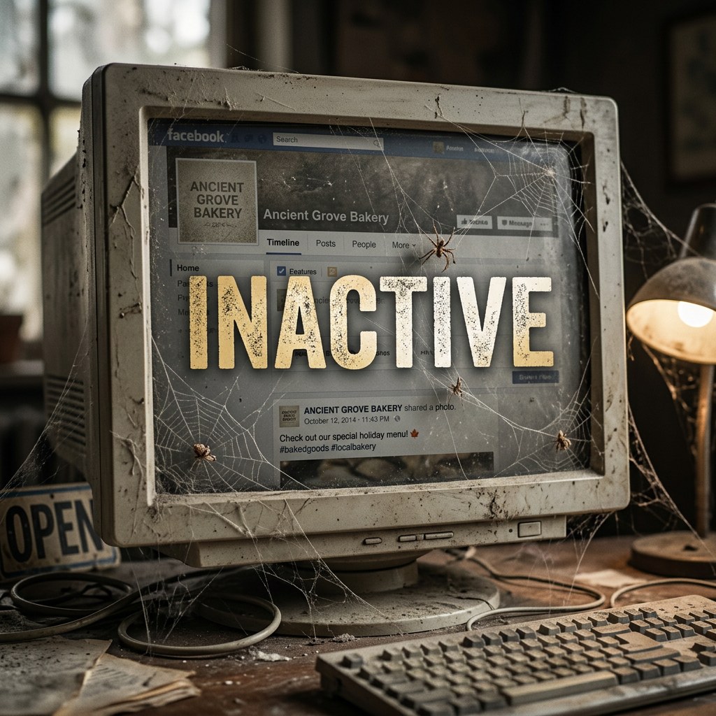 A dusty, cobweb-covered monitor showing a neglected business Facebook page left inactive